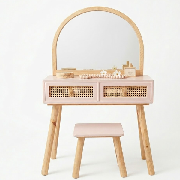 Wooden vanity table with mirror and stool on a white background