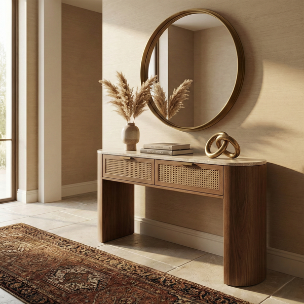 Knight Oak Wood Rattan Console Table