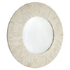 Round mirror with a beige, raffia-like frame on a white background