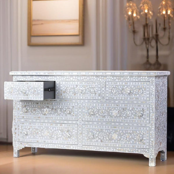 Bone Inlay Mother of Pearl Floral Sideboard with Drawers