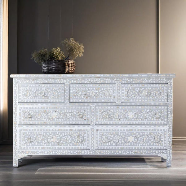 Bone Inlay Mother of Pearl Floral Sideboard with Drawers