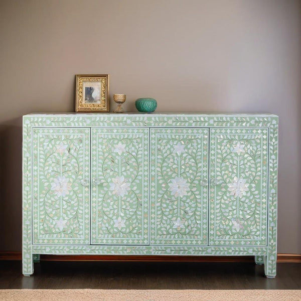 Bone Inlay Lime Green Mother of Pearl Floral Sideboard