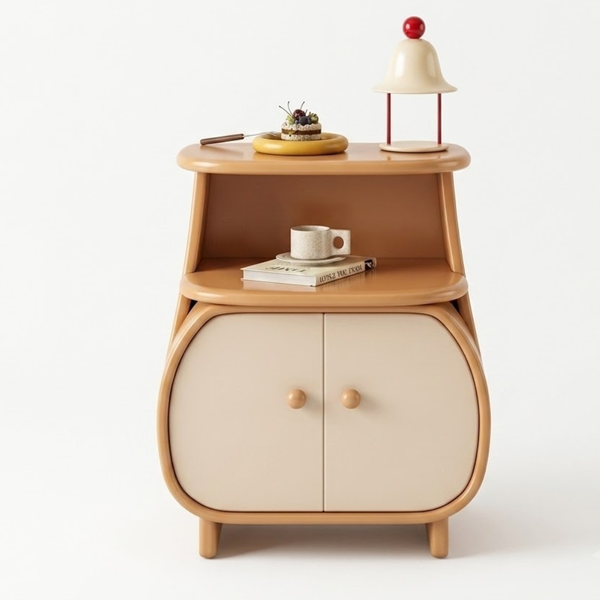 Wooden side table with a lamp, books, and a cup on a white background