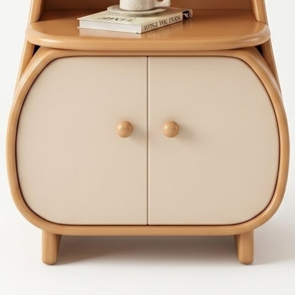 Wooden side table with two doors and a shelf on a white background