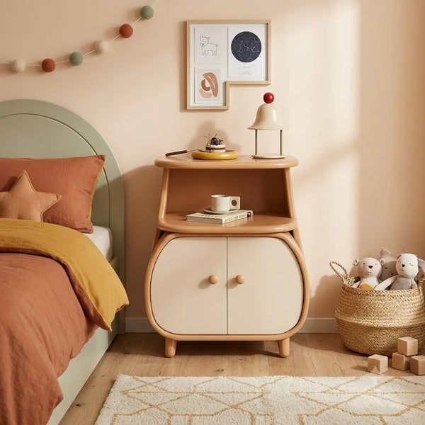 Children's bedroom with wooden nightstand, bed, and toys.