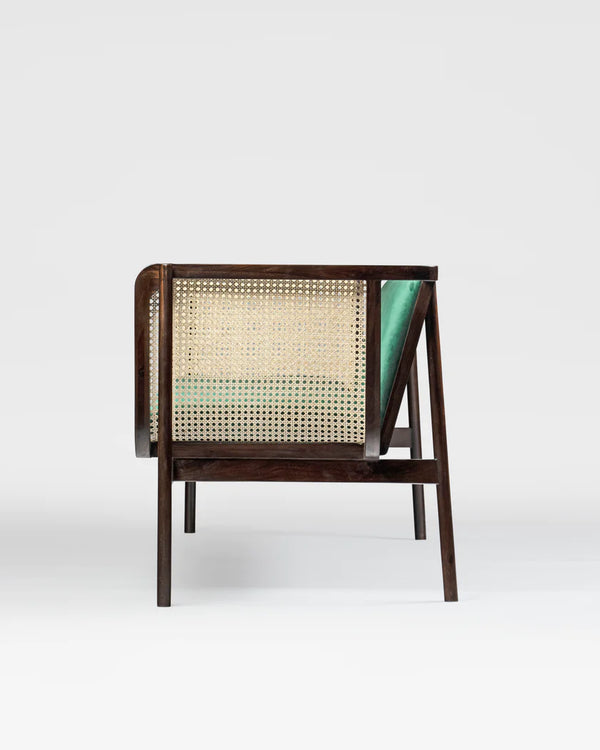 Classic Rattan Sheesham Solid Wood and Fabric Green 3 Seater Fabric Sofa