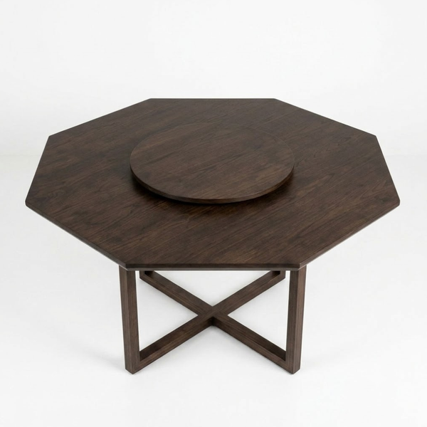 A dark brown octagonal wooden table with a round central pedestal and an X-shaped cross base, shown on a plain white studio background.