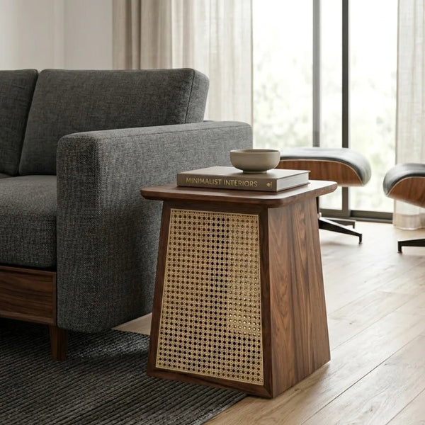 Maybole Rattan Wooden End Table - Walnut Finish