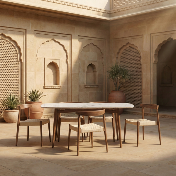 Melicia Teak Wood Dining Table Set Rope Chairs- 4 Seater, 6 Seater - All Sizes