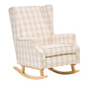 Beige checkered kids rocking chair with wooden base in a cozy minimalist nursery room.