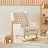 Beige checkered kids rocking chair with wooden base in a cozy minimalist nursery room.