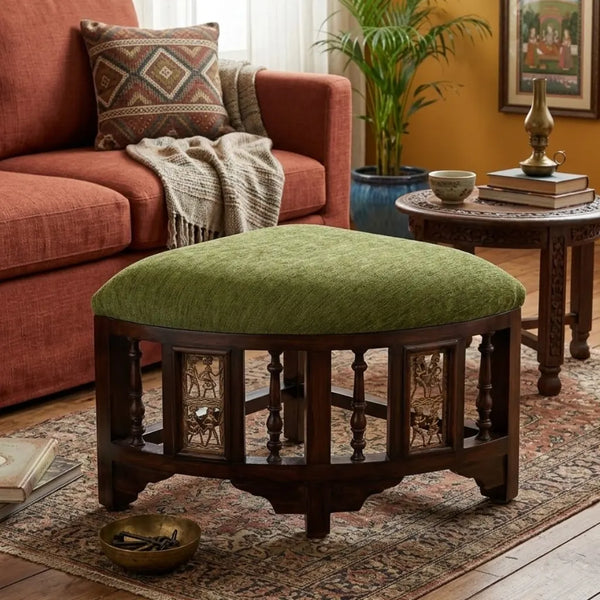 Molteno Solid Sheesham Wood and Fabric Foot Stool Set of 4