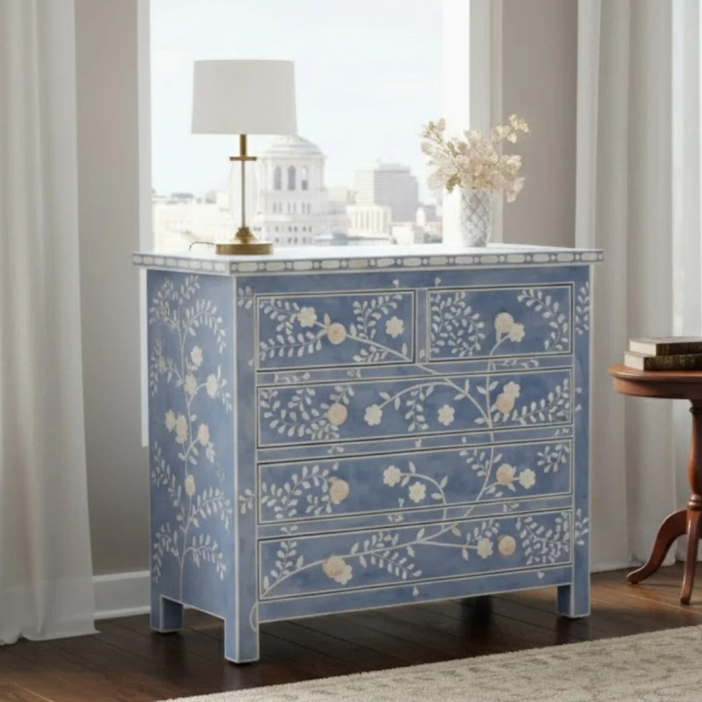 Montreal Bone Inlay Chest of 5 Drawers | Inlay Dresser India