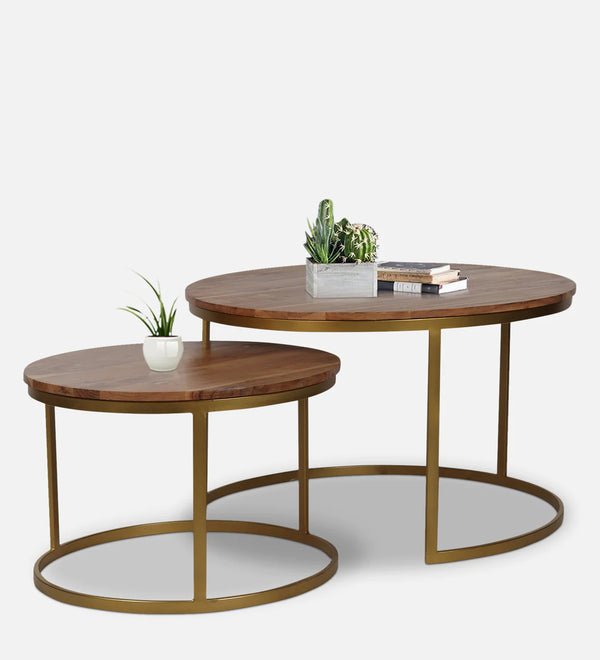 Industrial Solid Wood Set of 2 Side Table In Brown
