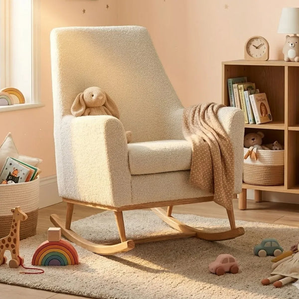 White boucle solid wood rocking chair