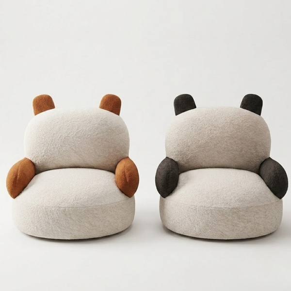 Two plush slippers shaped like cartoon characters on a white background