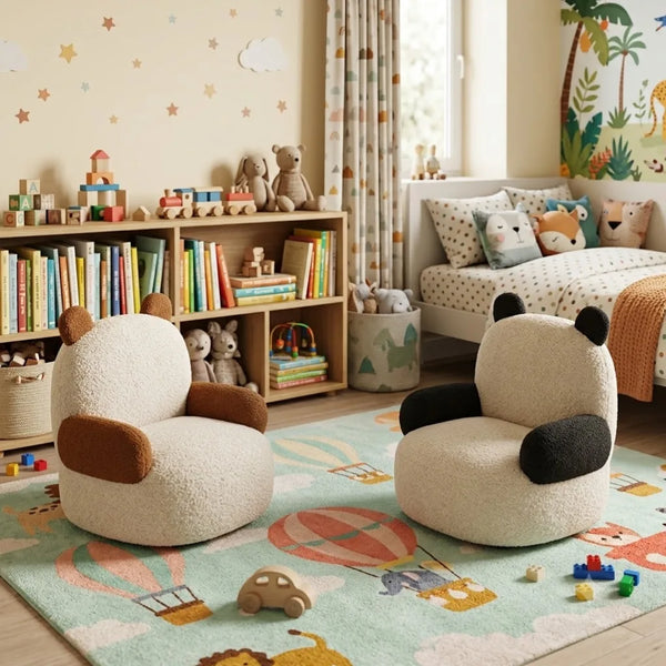 Children's room with panda-shaped chairs, books, and toys.