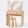 Wooden vanity table with mirror and stool on a white background