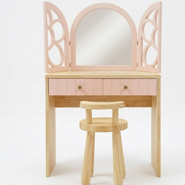 Wooden vanity with mirror and stool on a white background