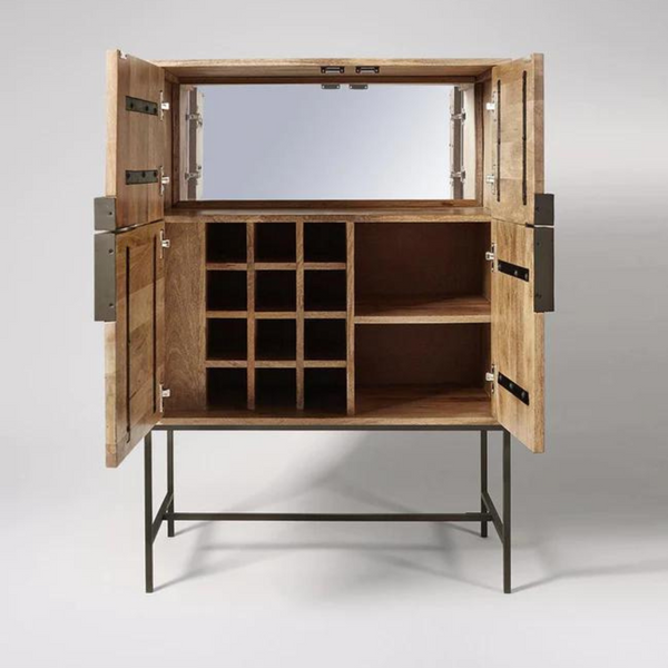 Portree Mango Wood Natural Finish Bar Cabinet with Iron Stand