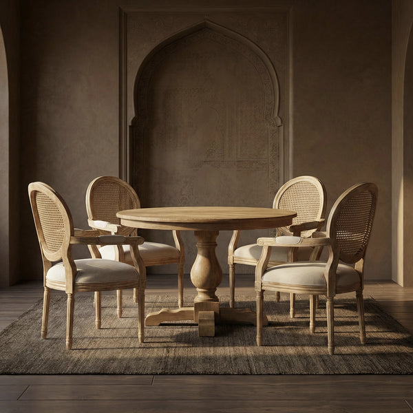 Rajasthani Rattan Solid Wood Round 4 Seater Dining Table Set