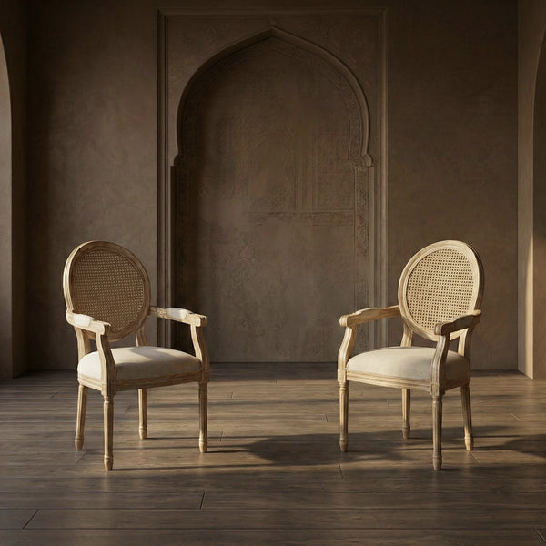 Rajasthani Rattan Solid Wood Round 4 Seater Dining Table Set