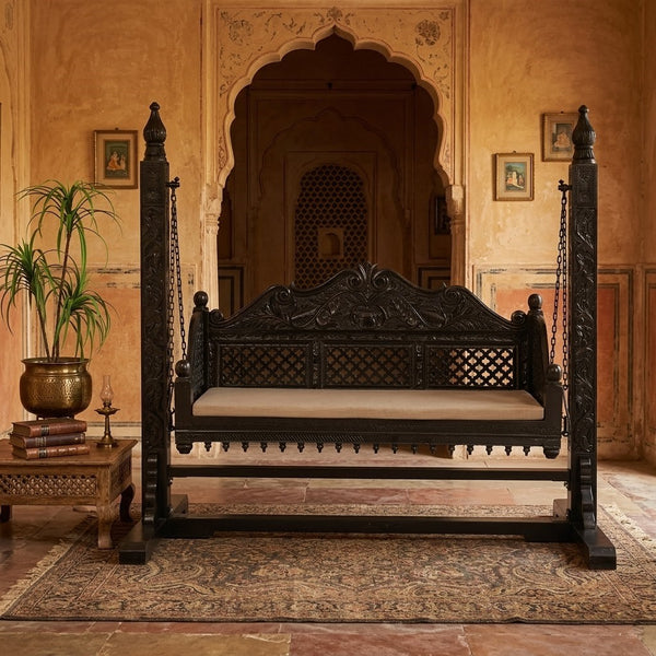 Rajwadi Mango Solid Wood Black Finish 2 Seater Swing Chair