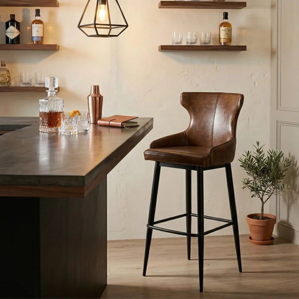 Reims High Leather & Steel stool with back (Brown)