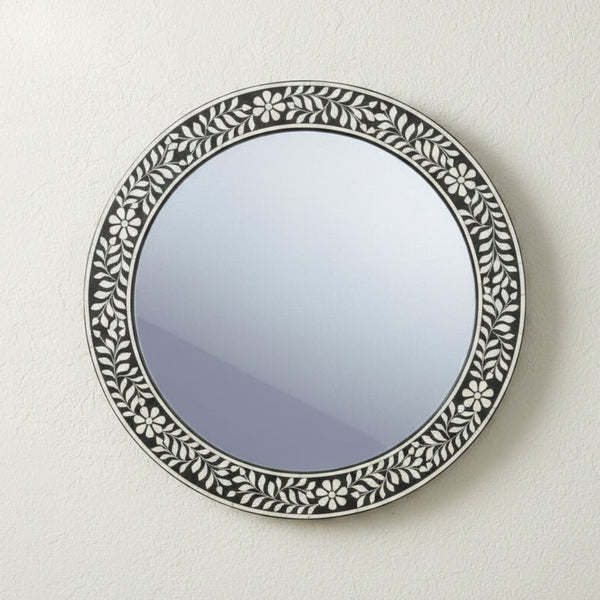 Bone Inlay Round Floral Black White Wall Mirror Frame