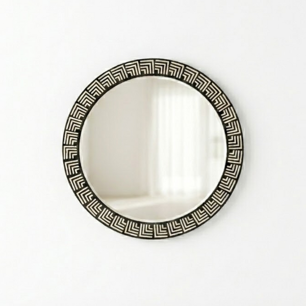Bone Inlay Round Wall Mirror / Lattice Black