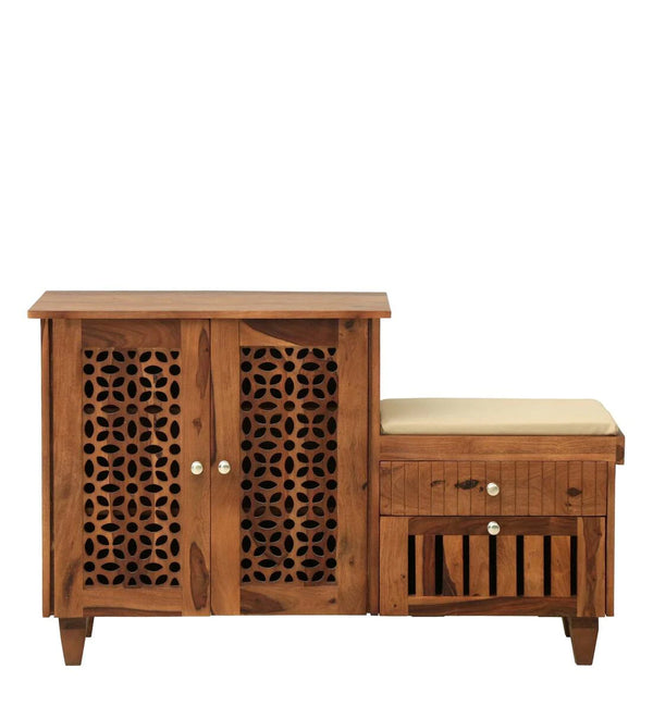 Sheesham Wood Shoe Storage Cabinet In Rustic Teak Finish