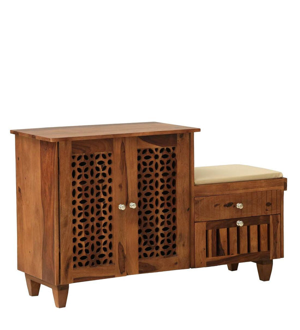 Sheesham Wood Shoe Storage Cabinet In Rustic Teak Finish