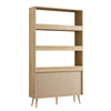 Wooden bookshelf with four shelves on a white background