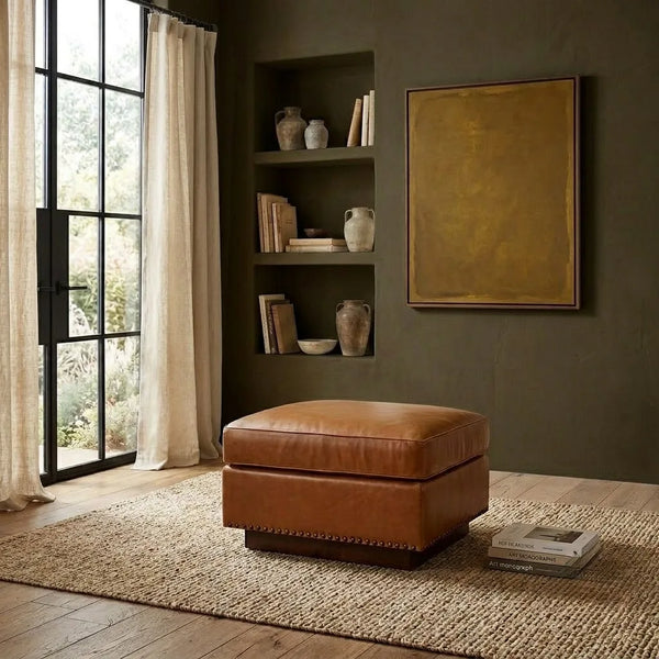 Selfoss Solid Wood Leather Ottoman
