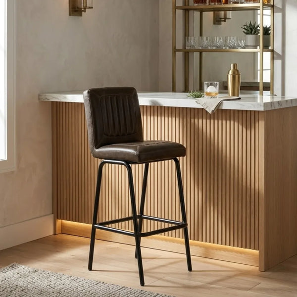 Strasbourg High Leather & Steel stool with back (Dark Olive)