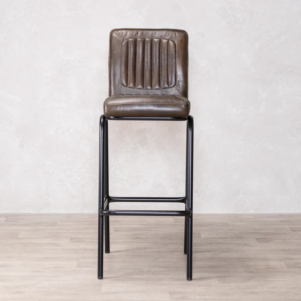 Strasbourg High Leather & Steel stool with back (Dark Olive)