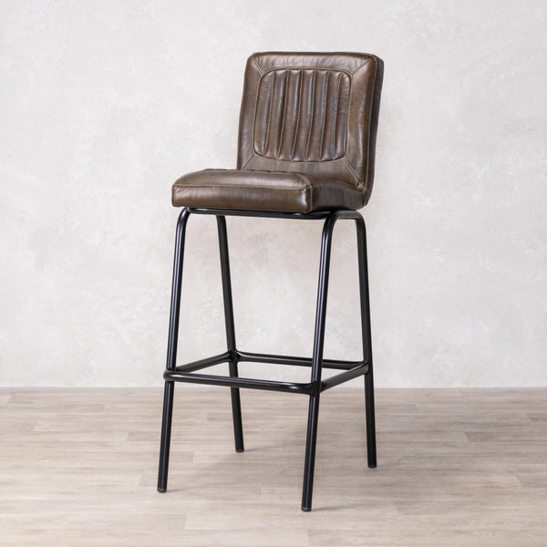 Strasbourg High Leather & Steel stool with back (Dark Olive)