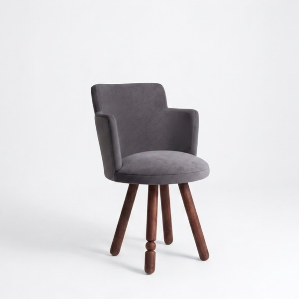 Gray upholstered chair with wooden legs on a white background