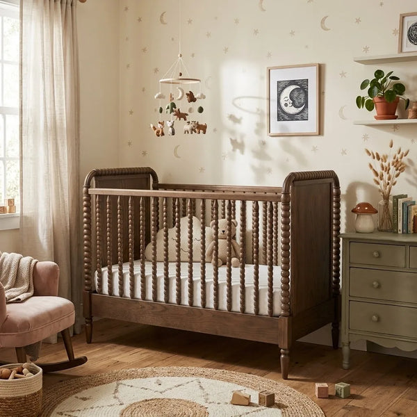 Nursery room with wooden crib, teddy bear, and decorative items.