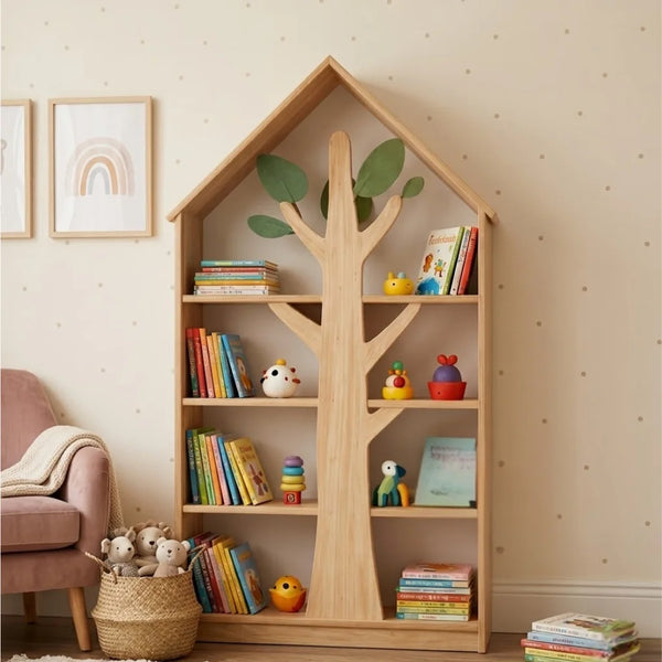 Wooden house-shaped bookshelf with books and toys in a room with a pink chair and rainbow decorations.