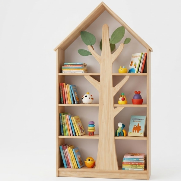 Wooden bookshelf designed like a tree with books and toys on a white background