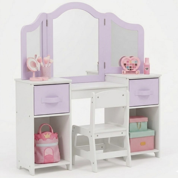 Children's vanity set with mirrors, drawers, and a chair on a white background