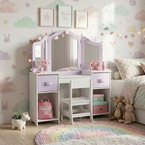 Children's bedroom with a vanity table, colorful rug, and decorative wall art.