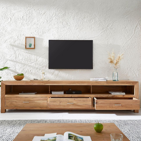 Colonial Acacia Wood 3 Drawers and 3 Open Shelves Large TV Unit