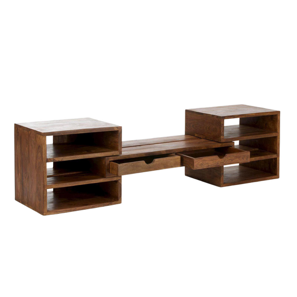 Classic Sheesham Wood 2 Drawers and 6 Open Shelves Adjustable TV Unit with Sliding Shelves