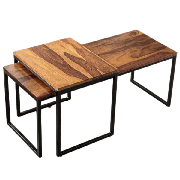 Sheesham Wood Nested Coffee Table with Black Iron Frame