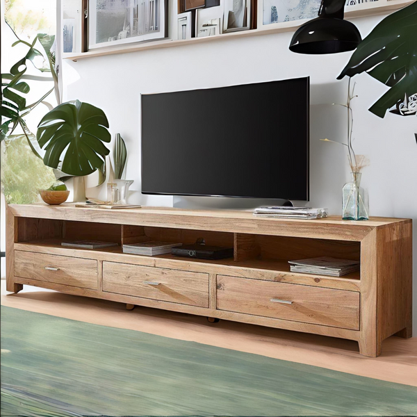 Colonial Acacia Wood 3 Drawers and 3 Open Shelves Large TV Unit