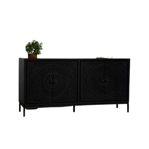 Rajasthani Handcarved Black Mango Wood Sideboard
