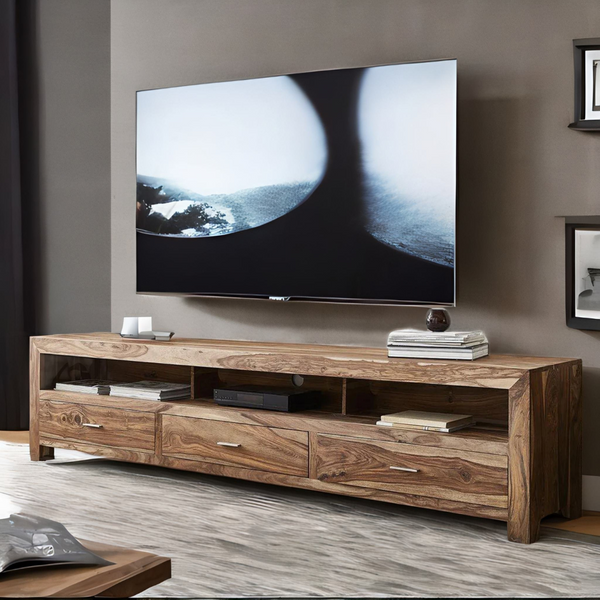 Classic Sheesham Wood 3 Drawers and 3 Open Shelves Large TV Unit