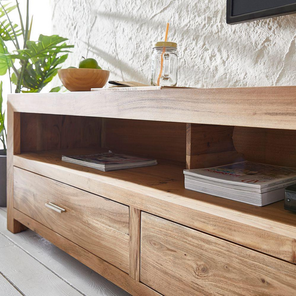 Colonial Acacia Wood 3 Drawers and 3 Open Shelves Large TV Unit